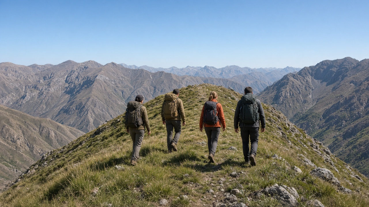 Yayla sırtında yürüyüş grubu